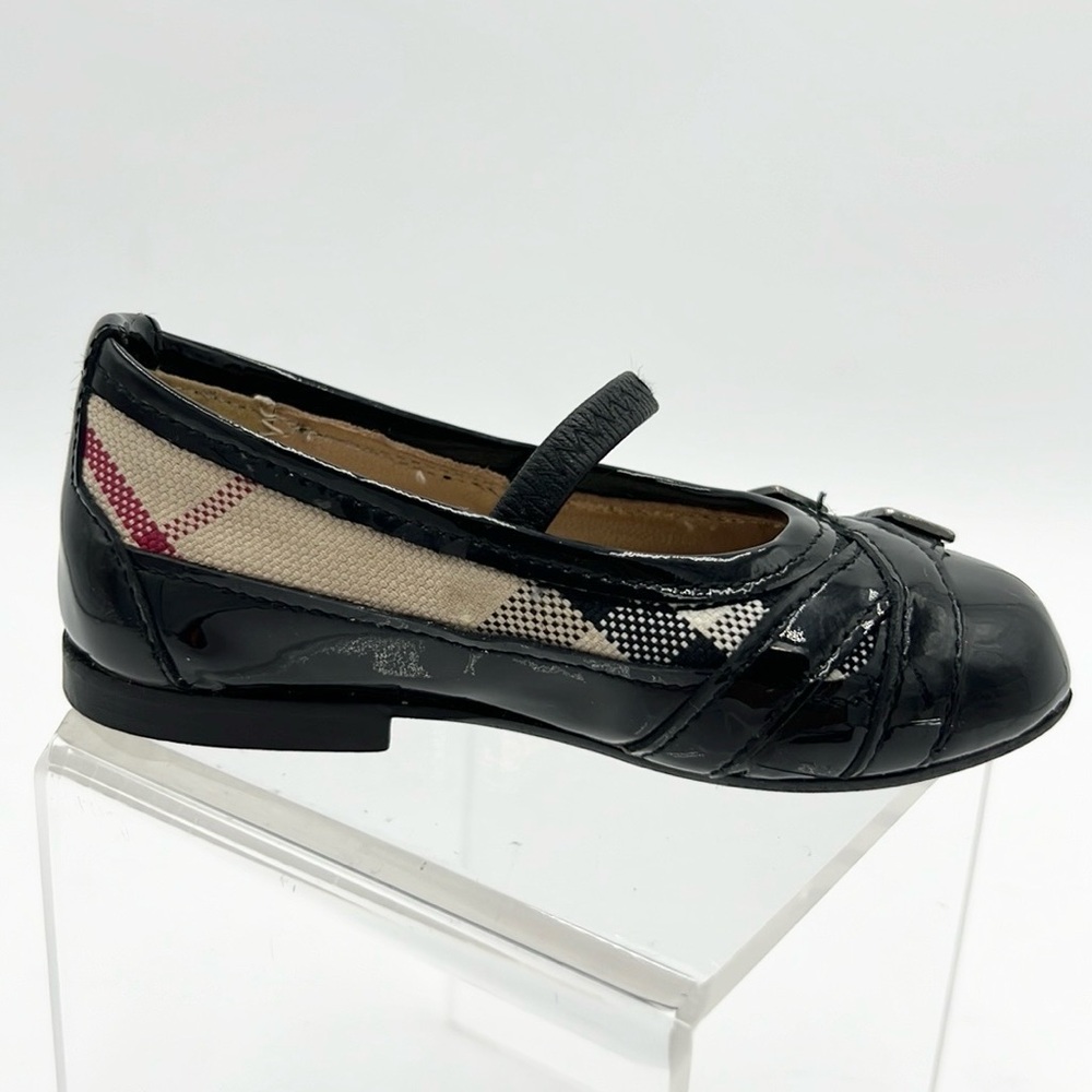 BURBERRY GIRLS PATENT LEATHER NOVA CHECK BLACK BALLERINA FLAT SZ 5C - Picture 3 of 15